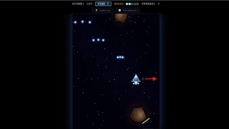 Jogo 2D Navistron criado em JavaScript com Canvas 2D mostrando controles