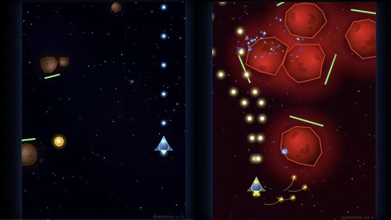 Dificuldade progressiva do Navistron comparando início e fase avançada