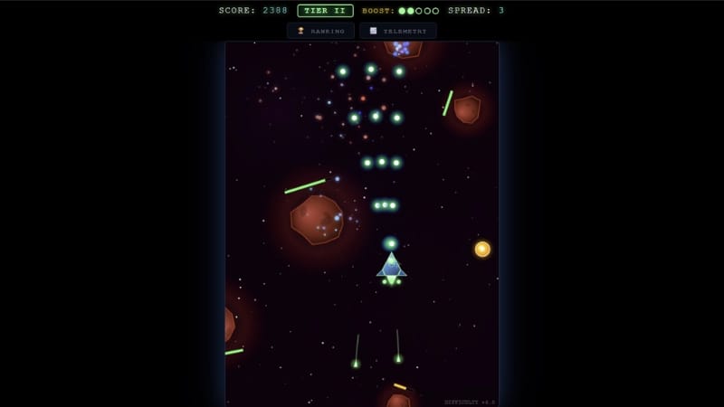 Gameplay do Navistron mostrando meteoros sendo destruídos e score acumulado no HUD